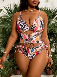Slaydiva Plus Size Women Lace-Up Full-Print Hollow-Out Camisole One-Piece Swimsuit For Summer Beach Vacation - Multicolor - View 5