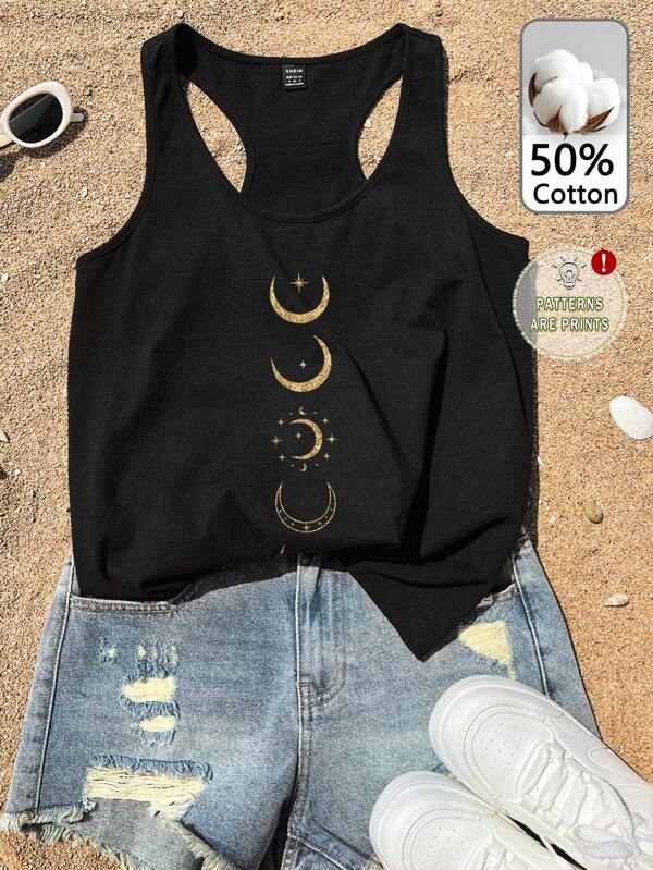 Tseoso Chaleco sin mangas informal de mezcla de algodón con estampado de luna y estrellas - Astral