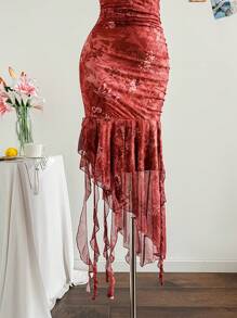 Soleia 女士休闲度假复古风格全花卉印花荷叶边露背长裙，适合节日约会、下午茶、派对、度假、音乐节、海滩和游轮