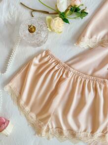 四件套蕾丝拼接仿丝吊带背心、短裤、长裤、系带睡袍睡衣套装，秋冬服装 - 香檳色 - 查看 5
