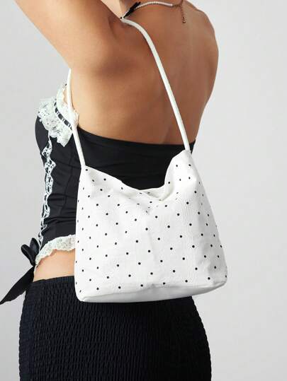 Kawaii حقيبة إبط أحادية الكتف بنقشة نقاط بولكا على الطراز الكوري، حقيبة دلو خفيفة الوزن متعددة الاستخدامات وبسيطة للنساء، أبيض