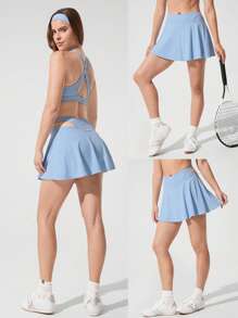 GLOWMODE Quick-Dry Made To Move Lightweight Quick Dry Crossover Waist Asymmetrical Pleated Skirt Low- Mpact Tennis Pickleball Studio Daily Casual Wear - Baby Blue - View 8