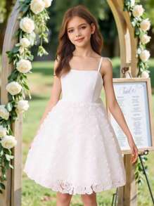 SHEIN Glamorique Kids 青少年女孩花卉刺绣优雅长裙，适合派对、婚礼和优雅场合 - 粉色 - 查看 3