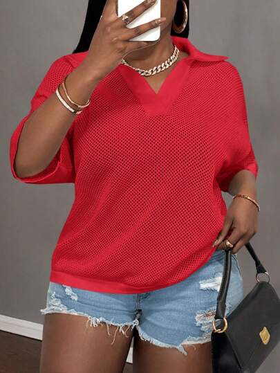 Slaydiva Women Plus Size Loose V-Neck Drop Shoulder Lace Hollow Out Casual Knit Top, White, Spring/Summer