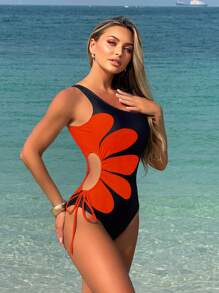 Swim Vcay Springbreak 女式单肩镂空系带图案印花连体泳衣，适合节日/波西米亚海滩度假 - 彩色 - 查看 5