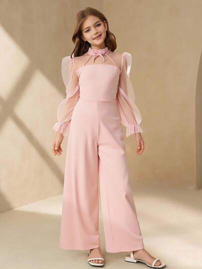 优雅时尚圆领长袖高腰纯色网眼镂空蝴蝶结超长连体衣，适合青少年女孩婚礼花童