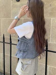 FRIFUL 女士纯色拉链分层无袖休闲牛仔背心女装女士夏季套装夏季服装女士夏季衬衫女士服装 Y2k - 藍色 - 查看 3