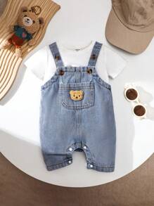 SHEIN Summer Solid Color Baby Boys' Denim Romper With Pocket & Bear Patchwork