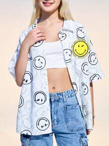 SmileyWorld® | SHEIN Women's Summer Y2K Cute Street White Smiling Face Pattern Front Button Short Sleeve Shirt, Summer