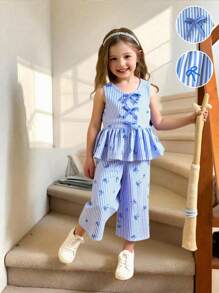 SHEIN Elladie kids 2pcs/Set Young Girls Bow Striped Printed Top & Printed Casual Pants Set, Suitable For Summer Fall Winter - Blue - View 9