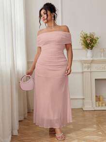 Modelyn Đầm lưới trễ vai thanh lịch cho buổi tối hẹn hò cỡ lớn dành cho nữ - Hồng - Xem 5