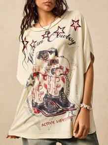 Easelle Women's Retro Printed Loose Batwing Sleeve Apricot Tee, Spring/Summer - Apricot - View 5