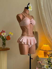 SHEIN MOD Bộ bikini dây mảnh xếp nếp màu hồng trơn cho nữ, mùa hè - Hồng - Xem 3