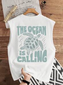 Manfinity Joysei Camiseta de tirantes con estampado de tortuga marina "Llamada del océano" para hombre talla grande, apta para el verano