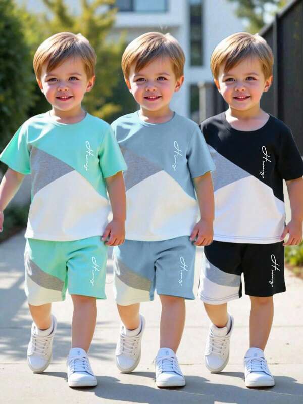 6 Stücke/Set Kleinkind Jungen Lässig Sport College Stil Niedlich Dreifarben Buchstaben Muster Kurzarm T-Shirt + Shorts Set, geeignet für den täglichen Gebrauch, Schule, Unterwegs, Sportaktivitäten, Frühling/Sommer Saison. Diese vielseitige Outfit-Kombination bietet mehrere Stylingoptionen für kleine Jungen mit einem einfachen modischen Design für Komfort und Stil.