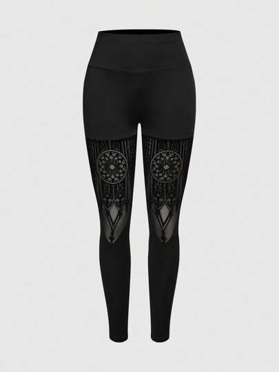 Goth Leggings elásticos apretados para mujer con estampado patchwork de castillo gótico