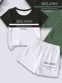 2 pièces/set T-shirt à manches courtes à col rond et short casual avec impression de lettres et de chiffres pour garçons en bas âge, été - Multicolore - Voir 3