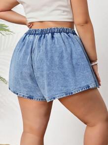 SHEIN CURVE+ Plus Size Denim Culottes Comfortable Elastic Waist Summer Casual Short Skirt Mini Shorts Daily Casual Wear