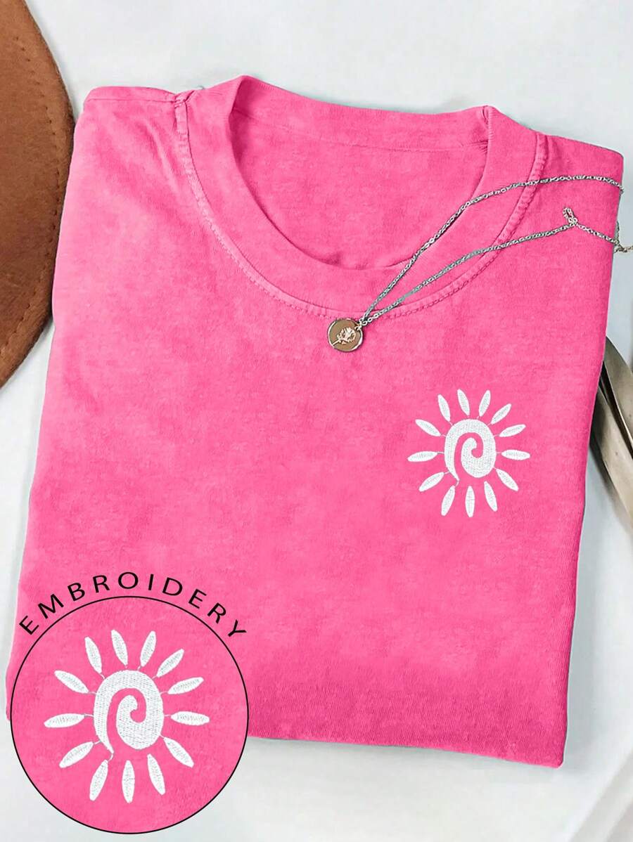 Damen T-Shirt/Sonnenblumen Muster Druck/Stickerei Handarbeit/Damen lässig weite Rundhals Oberteil/Frühling und Sommer