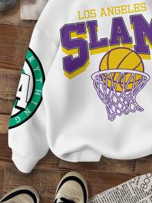 SHEIN Leap Crew 男童休闲宽松舒适日常柔软洛杉矶，Slam，99号，篮球元素文字印花针织长袖卫衣 - 彩色 - 查看 4