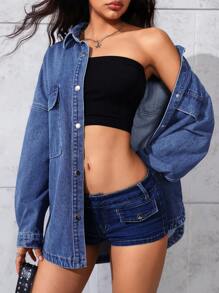 EMERY ROSE 女式长袖单排扣隐形纽扣休闲牛仔夹克，夏季时尚风格 - 中等水洗藍 - 查看 5