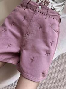 Livesso Summer New Loose Casual Bow Embroidery Women Denim Shorts - Purple - View 3