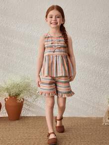 Blossori Young Girls' Countryside Holiday Colorful Stripe Sleeveless Top And Shorts Set - Multicolor - View 6