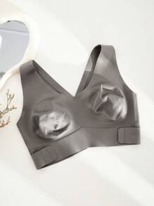 1pc Women Seamless No Padding Elegant Breathable Comfortable Crisscross Back Bandeau Bra - Grey - View 7