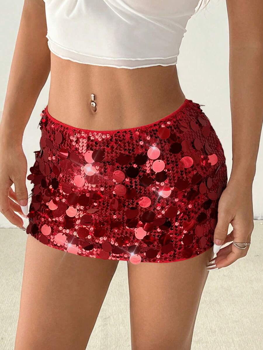 SHEIN PETITE Shorts cortos de cintura baja con mini lentejuelas rosadas brillantes para mujeres jóvenes, adecuado para festivales y uso diario