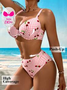Swim DD+ Plus Size DD+ Sweeten Cherry Pattern Underwire Bikini Set For Summer Beach Vacation - Multicolor - View 4