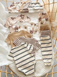 SHEIN 15pcs/Set Newborn Baby Girls' Casual Cute Knitted Striped Bear Print Short Sleeve Bodysuit & Hat Outfit Set Cartoon