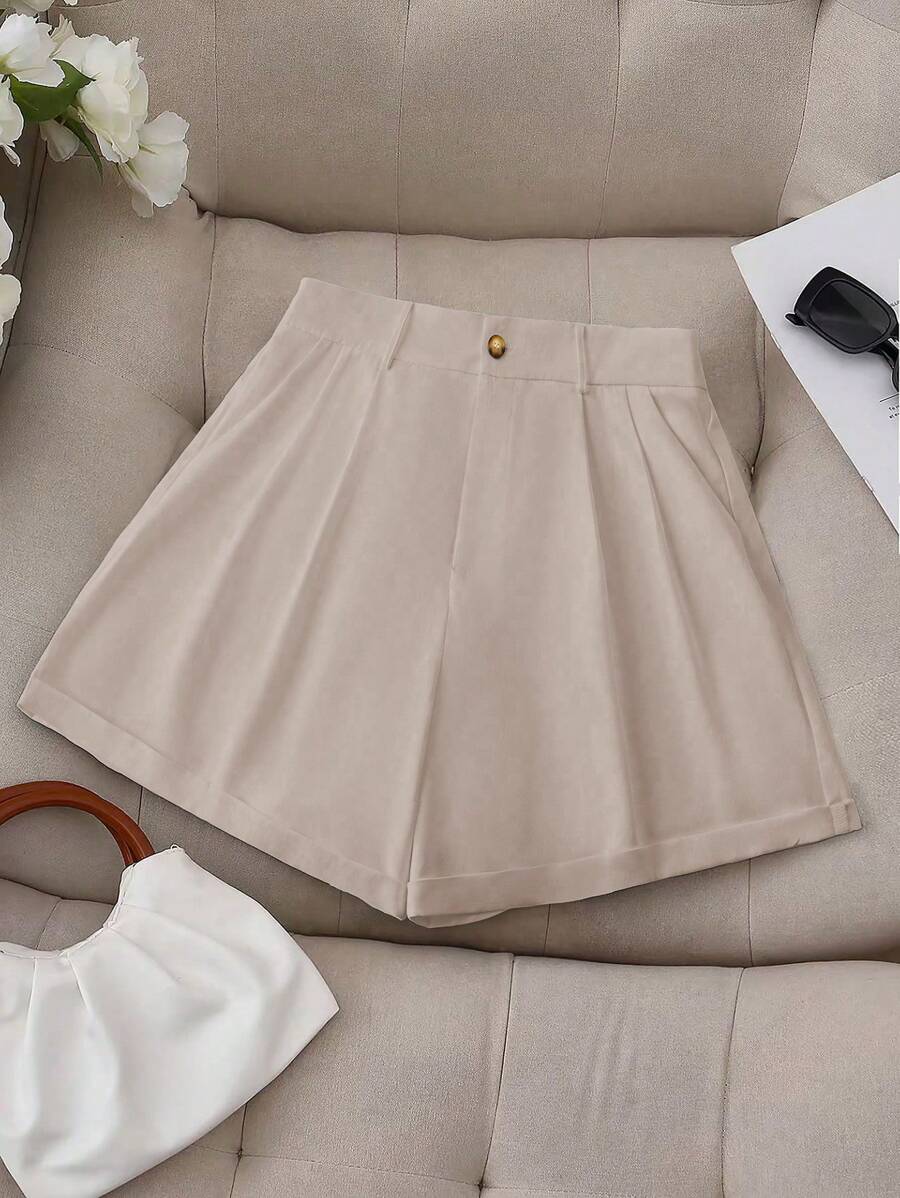 SHEIN LUNE Plus Size Women Fold Pleated Casual Solid Color Shorts - Apricot - View 1