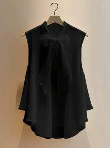 GlowEve 女士新款时尚夏季无袖系带领雪纺荷叶边下摆黑色衬衫 - 黑色 - 查看 1