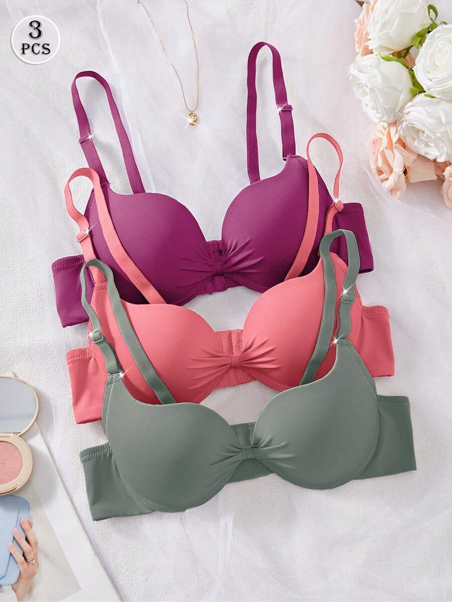 DesireSculpt 3pcs Solid Color Wire-Free Supportive Seamless Full Coverage Bras, Ultra-Soft Microfiber - Multicolor - View 1