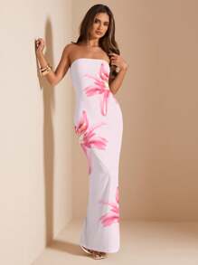 SHEIN BAE 花卉图案无袖紧身连衣裙，夏季休闲度假装 - 彩色 - 查看 5