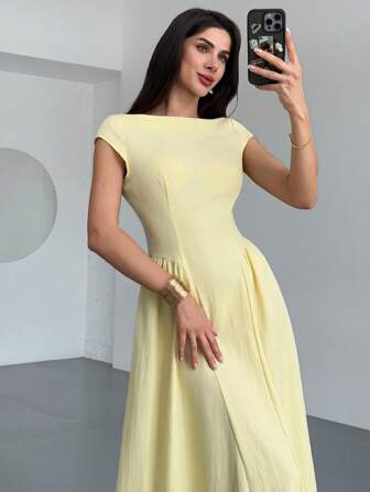 Firerie Robe mi-longue élégante pour femmes, coupe évasée avec taille cintrée, manches lanternes, pour usage quotidien et vacances, couleur jaune