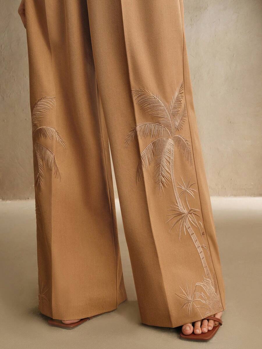 Anewsta Resort-Stil bestickter Palmenbaum Khaki Palazzo-Hose für Damen