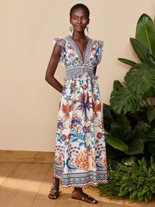 Travachic Tropical Print Deep V-Neck Ruffle Hem Casual Vacation Dress,Summer,Summer Outfits For Women,Beachwear,Beach Outfits For Woman,Vacation Outfits Women,Concert Outfit Women,BOHO,Tropical Vacation Woman Clothes,Summer Dresses For Women,Holiday Outfits