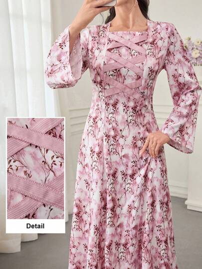 Al Najma 数码印花交叉带长袖阿拉伯风格女式连衣裙，端庄大方