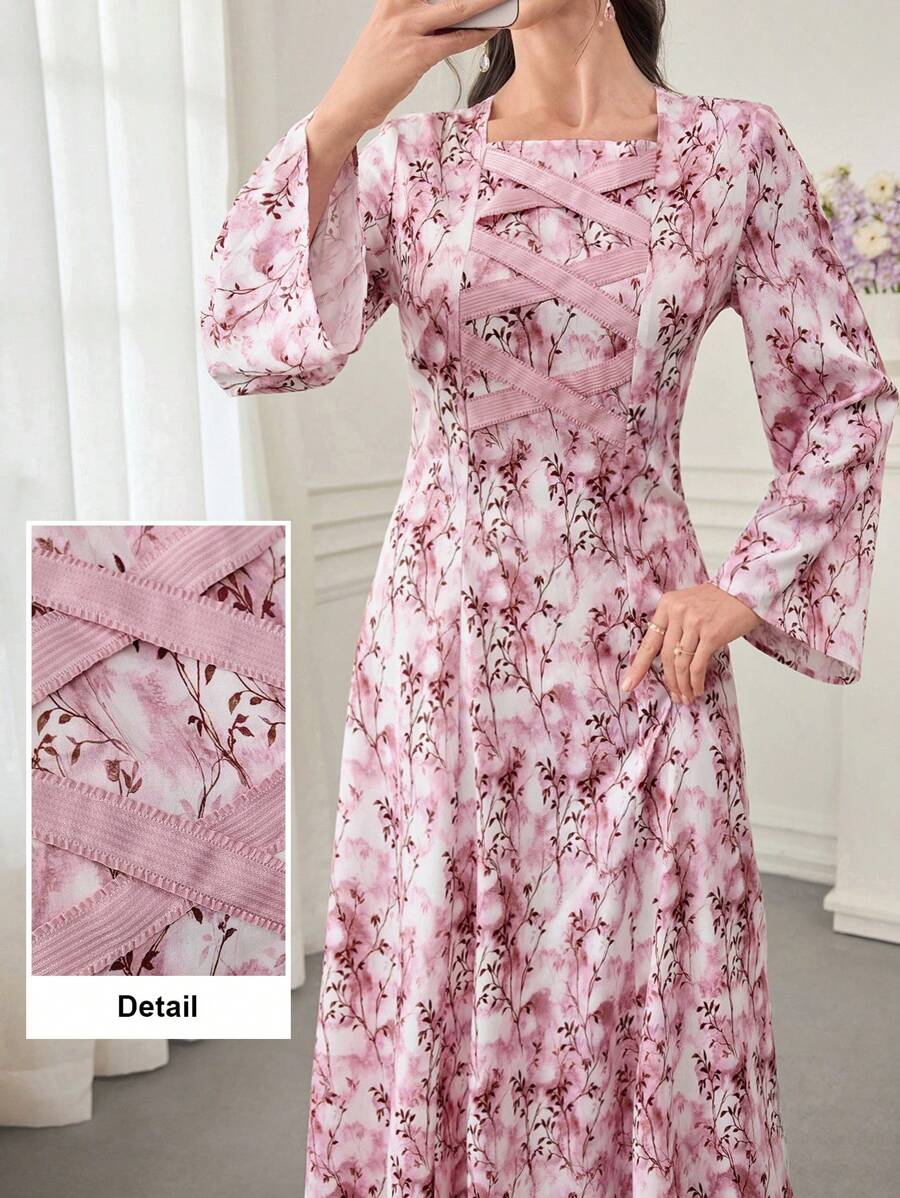 Al Najma 数码印花交叉带长袖阿拉伯风格女式连衣裙，端庄大方