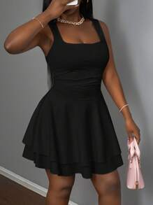 Slaydiva Vestido corto de verano para mujer, básico y casual, con cuello cuadrado, fruncido, de doble capa y corte evasé, de estilo deportivo y dulce