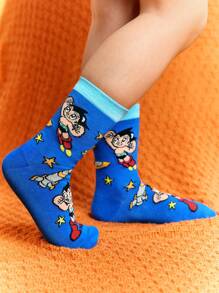 Astro Boy X SHEIN 3 Paar Baumwoll Kinder Socken mit süßen Cartoon Motiven, feuchtigkeitsableitend, atmungsaktiv und weich, Mittelhöhe, verstärkte Zehen und Fersen für Haltbarkeit, geeignet für alle Jahreszeiten, Schule und Alltag, blau