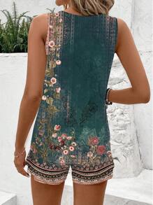 SHEIN LUNE 2 件套女士复古花卉印花无袖圆领短款上衣和短袖背心套装，适合夏季