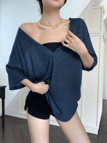 DAZY Camiseta holgada de manga corta con cuello en V profundo minimalista informal, para mujer, de verano