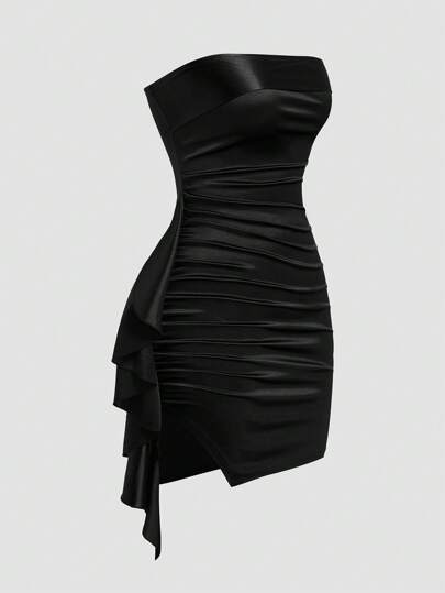 Sweetra Plus Size Sexy Asymmetrical Side Ruffle Hem Short Camisole Dress