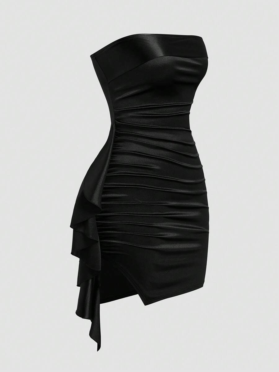 Sweetra Plus Size Sexy Asymmetrical Side Ruffle Hem Short Camisole Dress