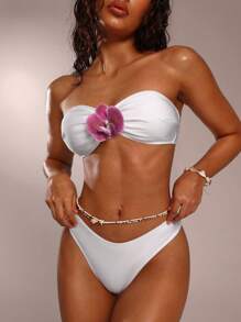 SHEIN Forever 21 Summer Women/Beach/Vacation/Cruise/Flower-Decorated White Bikini Two-Piece Set