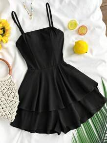 SHEIN Teen Girls' Textured Chiffon Layered Ruffled Waist Tie Cami Overall Jumpsuit Romper, Black, Casual, Holiday, Spring/Summer - Black - View 7