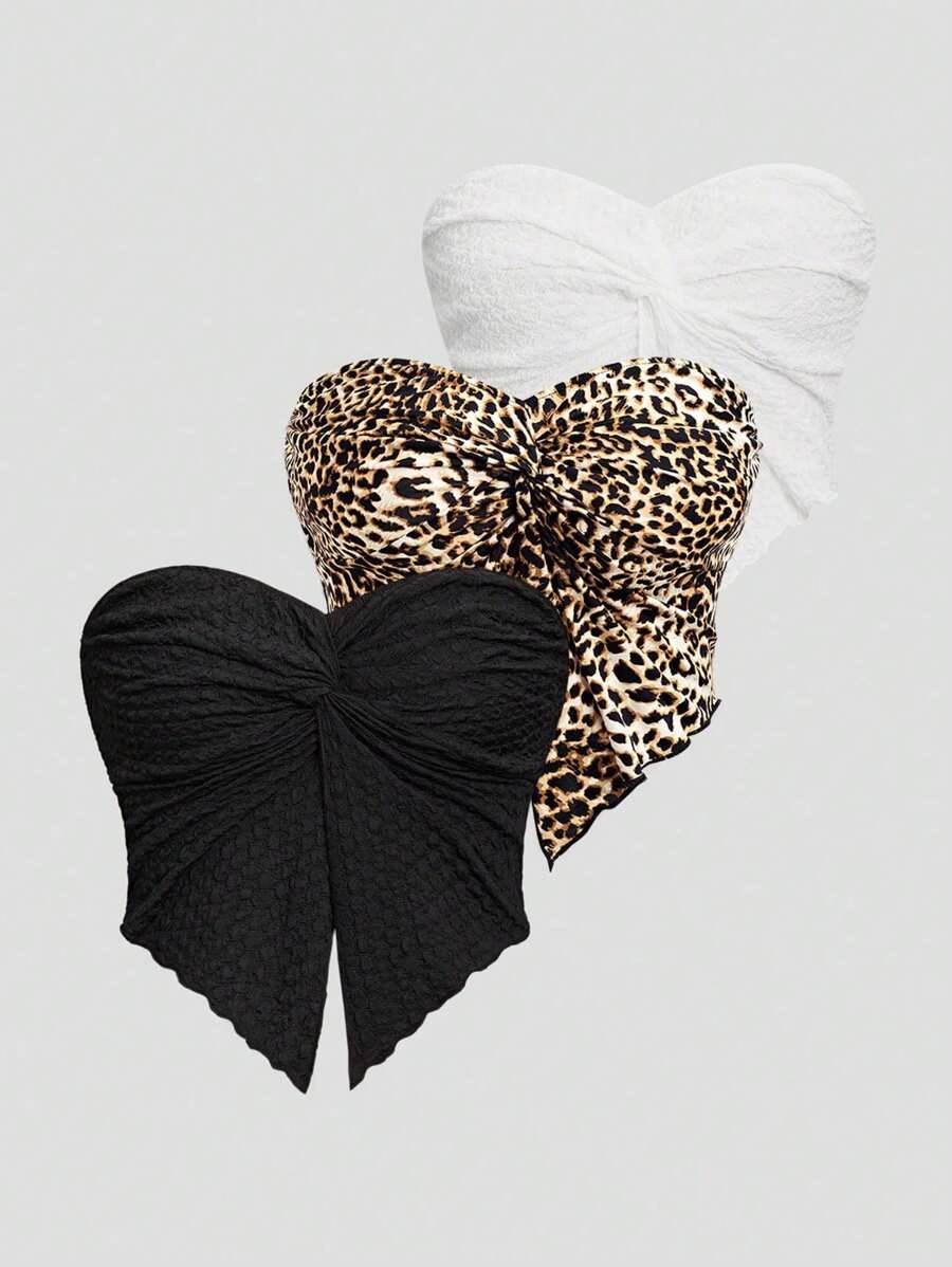 Sweetra Women's Summer Fashion Solid Color & Leopard Print Twisted Bustier Top - Multicolor - View 1