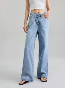 Ontre 2025秋冬女装，女士秋冬装，返校装，万圣节，圣诞节，商务休闲装，复古端庄优雅百搭基础款，纳什维尔服装，女士不对称腰部口袋休闲牛仔裤